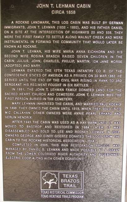 Rockne TX - 1858 John T. Lehman Cabin historical marker