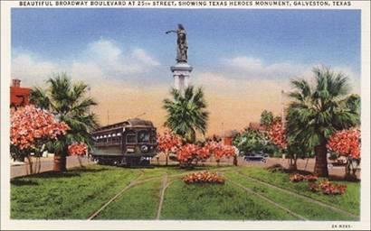 Broadway Boulevard showing street car and Texas Heroes Monument, Galveston Texas