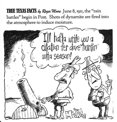 Rain Battle in Post, TX; Texas history cartoon