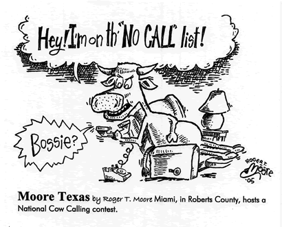 Miami TX, Roberts County , National Cow calling contest; Texas history cartoon