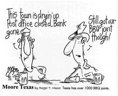 Texas BBQ Joints; history cartoon by Roger T. Moore
