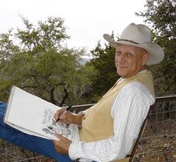 Roger T. Moore drawing his cartoon