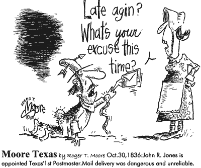 Texas first postmaster, Texas history cartoon