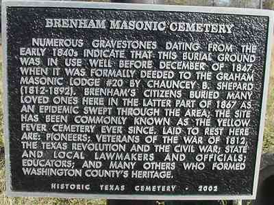 Texas' Brenham Masonic Cemetery, aka Yellow Fever Cemetery  Marker
