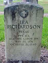 Ira Richardson tombstone, Corinth Baptist Church Cemetery, Schulenburg, Texas