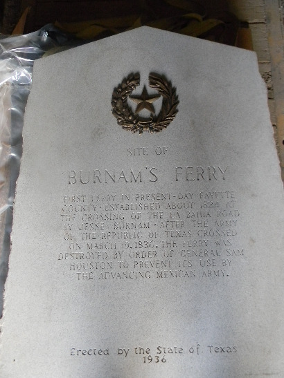 Fayette County Burnham's Ferry Texas Centennial Marker showing inscription