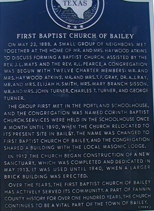 First   Baptist Church of Bailey marker, Texas