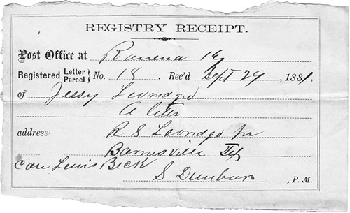 Barnesville TX - 1881 registered letter receipt