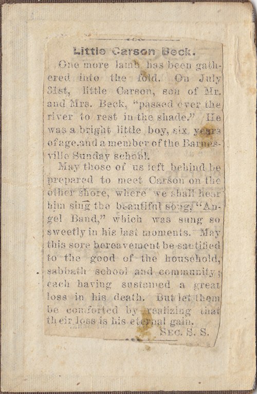 Barnesville TX -  1881 Obituary of 6 year old Carson Beck