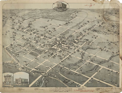 Denton Texas Bird's Eye View 1883 Map