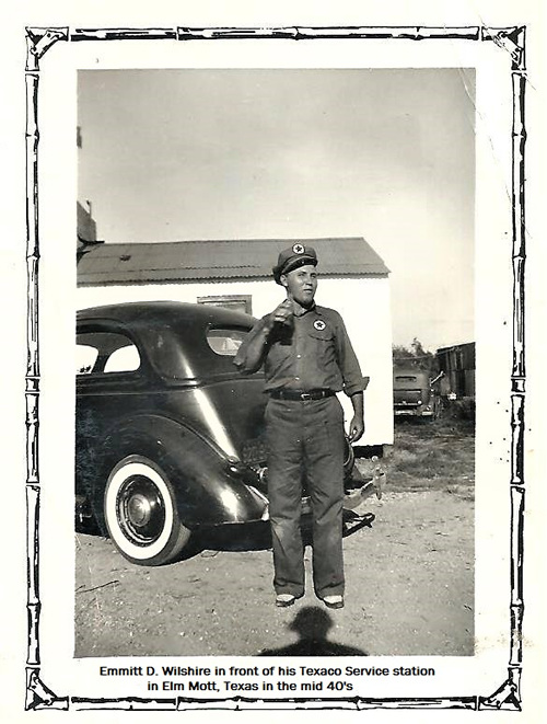  Elm Mott, Texas - Emmitt D. Wilshire in front of his Texaco Service Station 