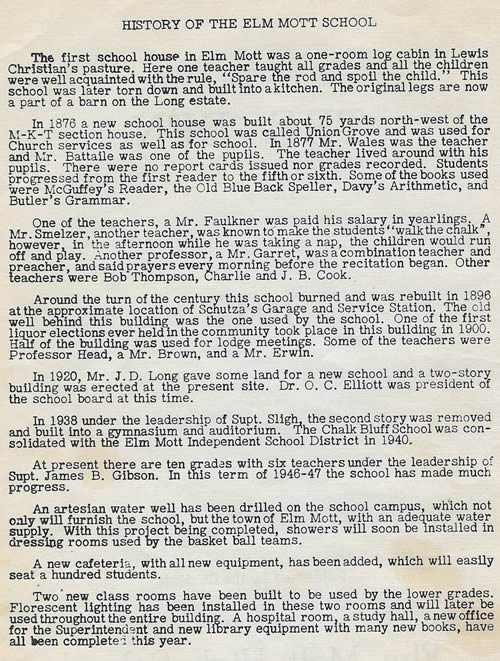 Elm Mott TX - Elm Mott School history