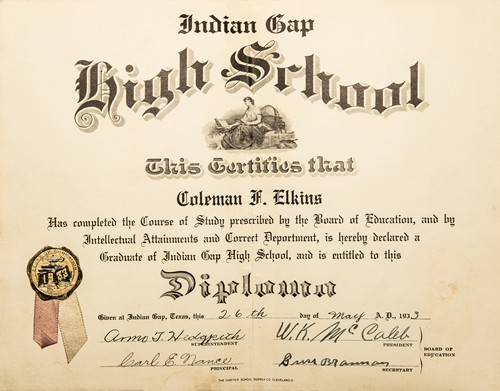 TX - Indian Gap High School Diploma 1933 Coleman Elkins 