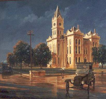 Oil painting of the 1886 Bosque County courthouse, Meridian, Texas