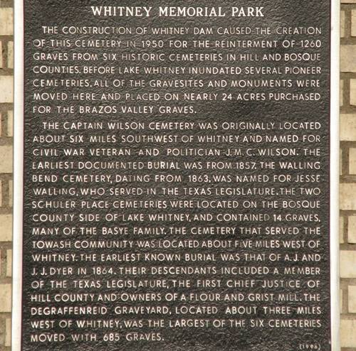 Whitney Memorial Park Marker, Whitney Texas cemetery