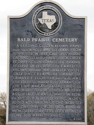 Bald Prairie Cemetery historical marker, Texas