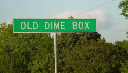 Old Dime Box,  Texas highway sign