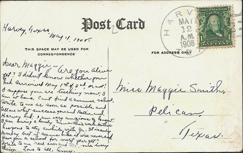 Harvey, TX, Brazos County 1908 postmark