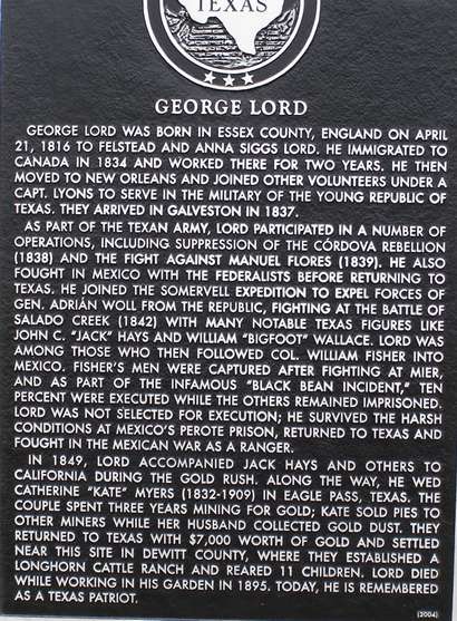 George Lord Historical Marker -  Westhoff TX     