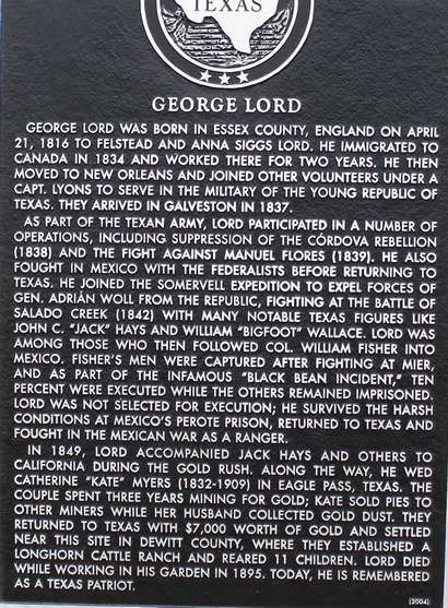 George Lord Historical Marker - Westhoff TX