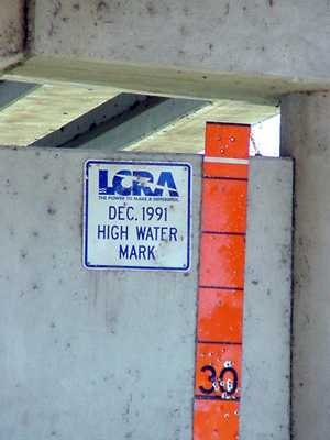 River gauge at Utley Bridge , Texas. With bulletholes