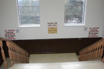 Bandera County Courthouse rear window and staircase, Texas