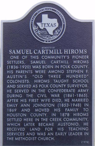 Austonio Tx - Samuel Cartmill Hiroms  historical marker