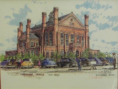 Drawing of the 1885 Panola County courthouse, Carthage, Texas