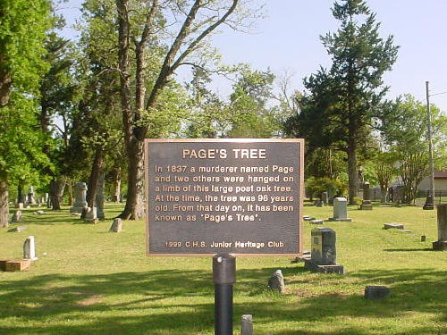 Page's Tree - Clarksville Texas hanging tree plaque in city cemetery