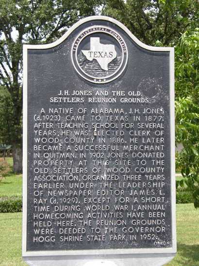 J.H. Jones and the Old Settlers Reunion Grounds historical marker, Governor Hoff Shrine Historic Site, Texas