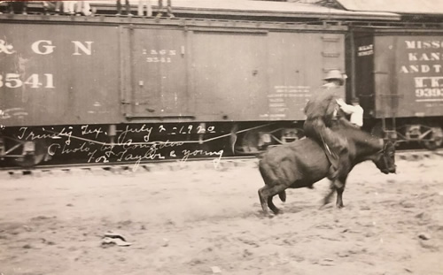 Trinity TX - Men on ox, July 1920