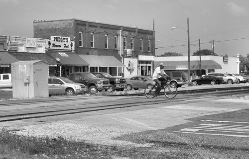 Wills Point TX -  Bicycle crossing RR track , downtown