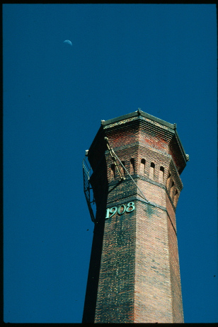 1908 smokestack and moon, Thurber Texas ghost town