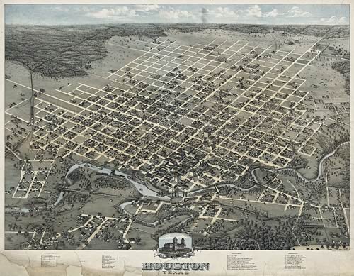 Houston TX - bird's eye view of Houston, 1873 Old Map