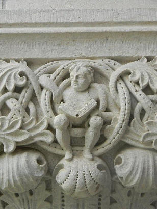 Sudent with book, Whimsical Stone Carving - Rice University, Lovett Hall, Houston TX 