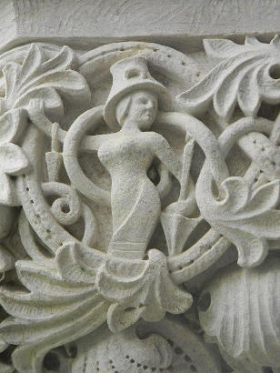 Woman with parasol, Whimsical Stone Carving - Rice University, Lovett Hall, Houston TX 