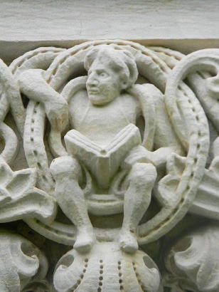 Student with book, Whimsical Stone Carving - Rice University, Lovett Hall, Houston TX 