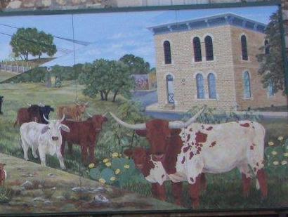 Goldthwaite TX - Mills County Jail and longhorns in mural