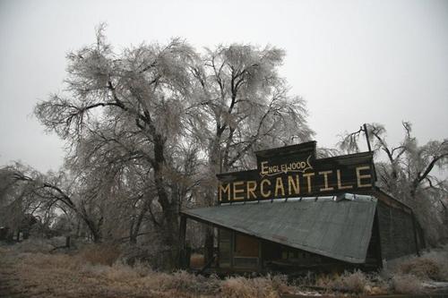 Englewood, Kansas Mercantile and frosted tree 