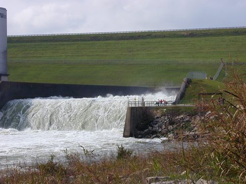 Denison dam and discharge gates at Lake Texoma  Texas