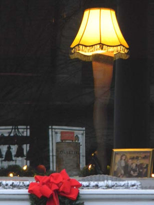 Christmas Story Lamp lighted up by the window