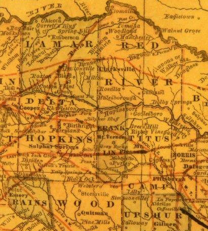 1882 TX map showing Lamar, Delta, Red River, Hopkins, Franklin, Titus, Camp Counties