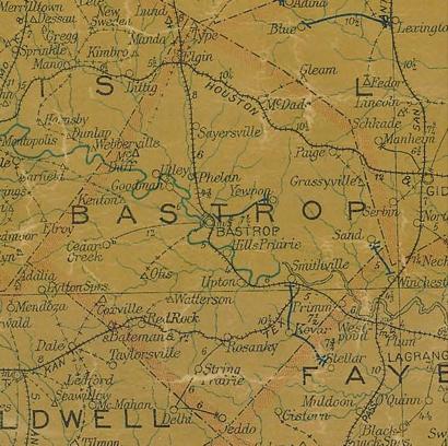 Bastrop County TX  1907 postal map