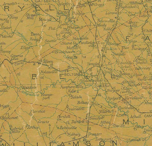 Bell County Texas 1907 Postal map