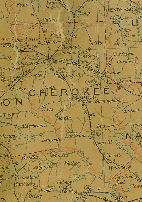 Cherokee County Texas  1907 postal map