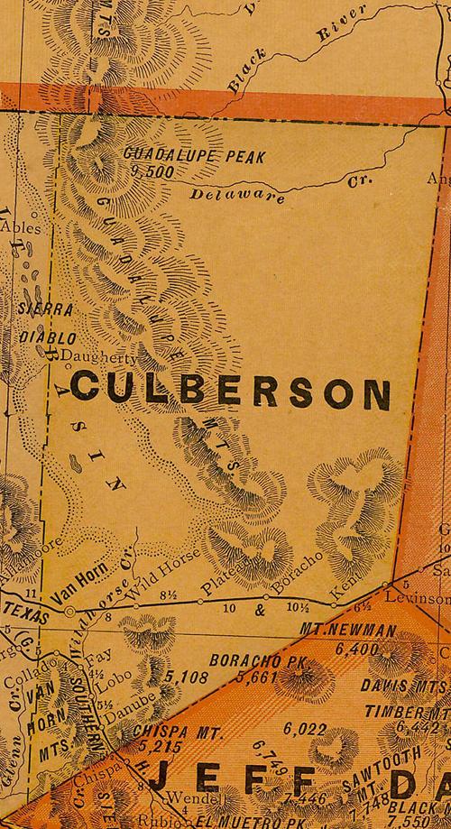Culberson County Texas 1920s map showing Lobo, mountains and rail line