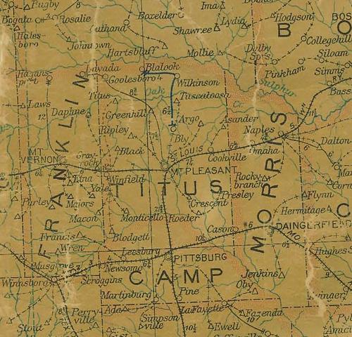 1907 Texas Map of Franklin, Titus, Camp and Morris Counties