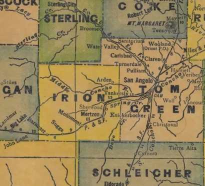 Irion and Tom Green County Texas 1940s map