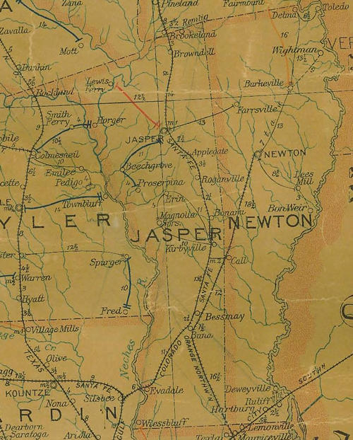Jasper / Newton County TX 1907 Postal Map