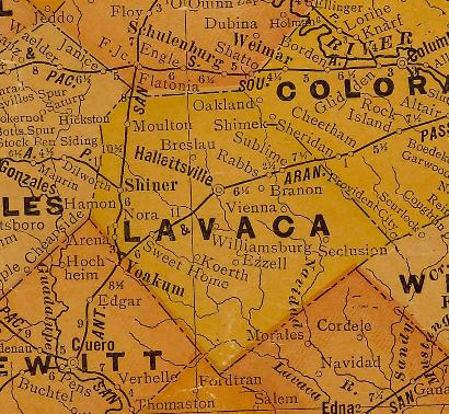 Lavaca County TX 1920s map showing San Antonio and Aransas Pass Railroad, and Navidad River